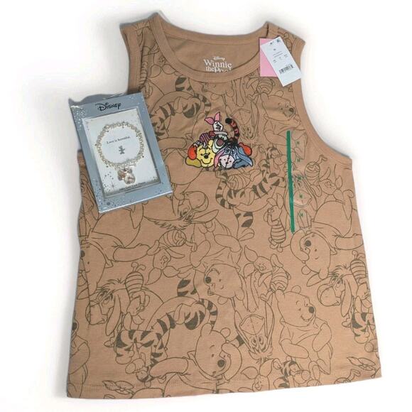 NWT Disney Winnie Pooh Embroider Tank Top Macroon Tan & Bracelet Minnie 14k Gold - Picture 1 of 8